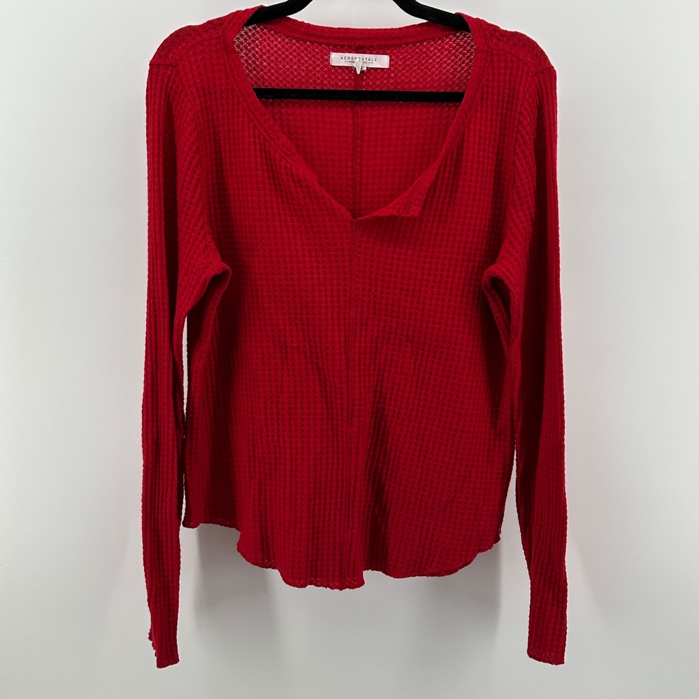 Aeropostale Red Waffle Knit Long Sleeve Henley Top XL Y2K Preppy‎ Lightweight